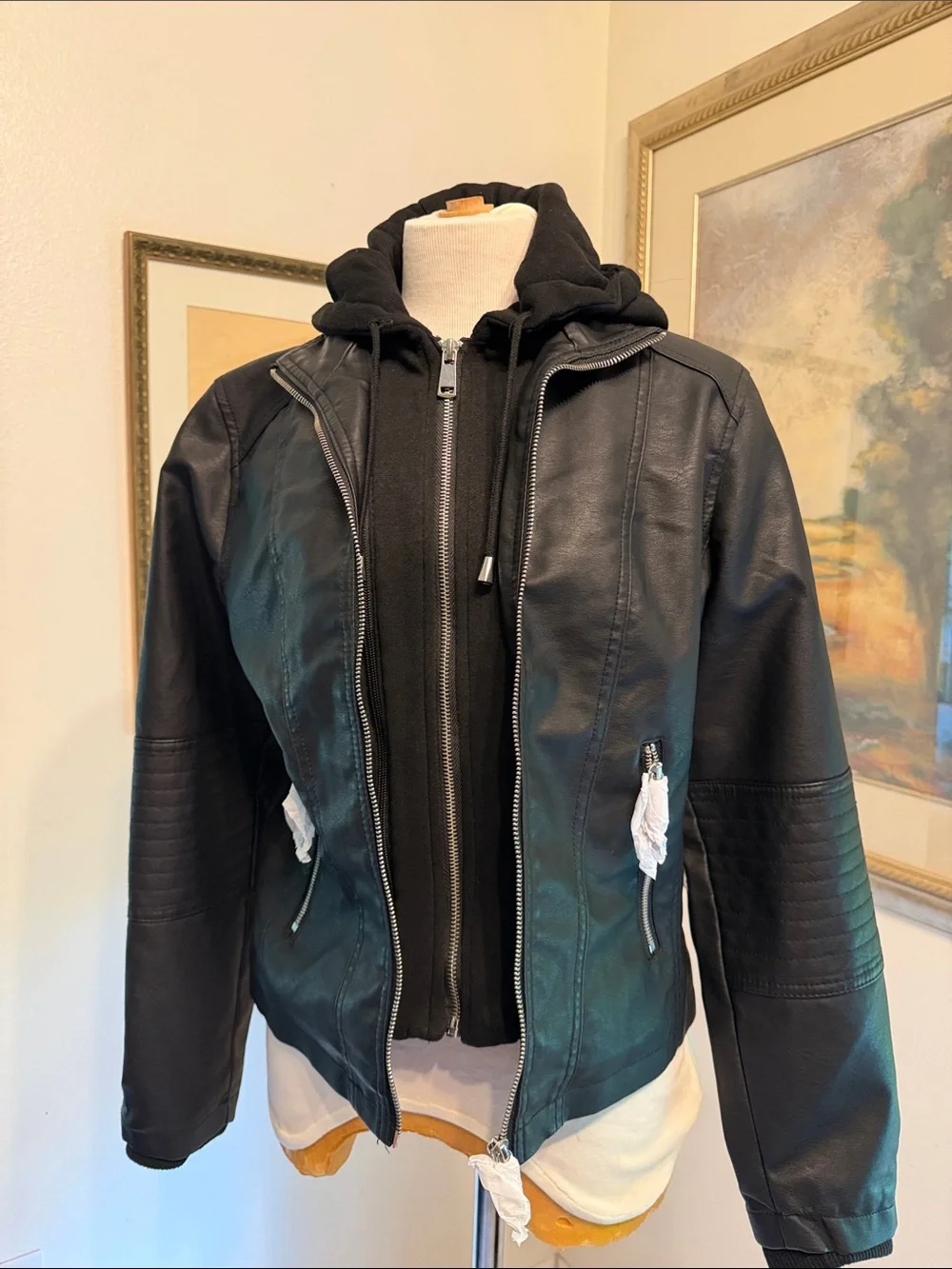 NWT Novish Collection Black Faux Leather Zip Jacket with Hoodie Layer Size MP